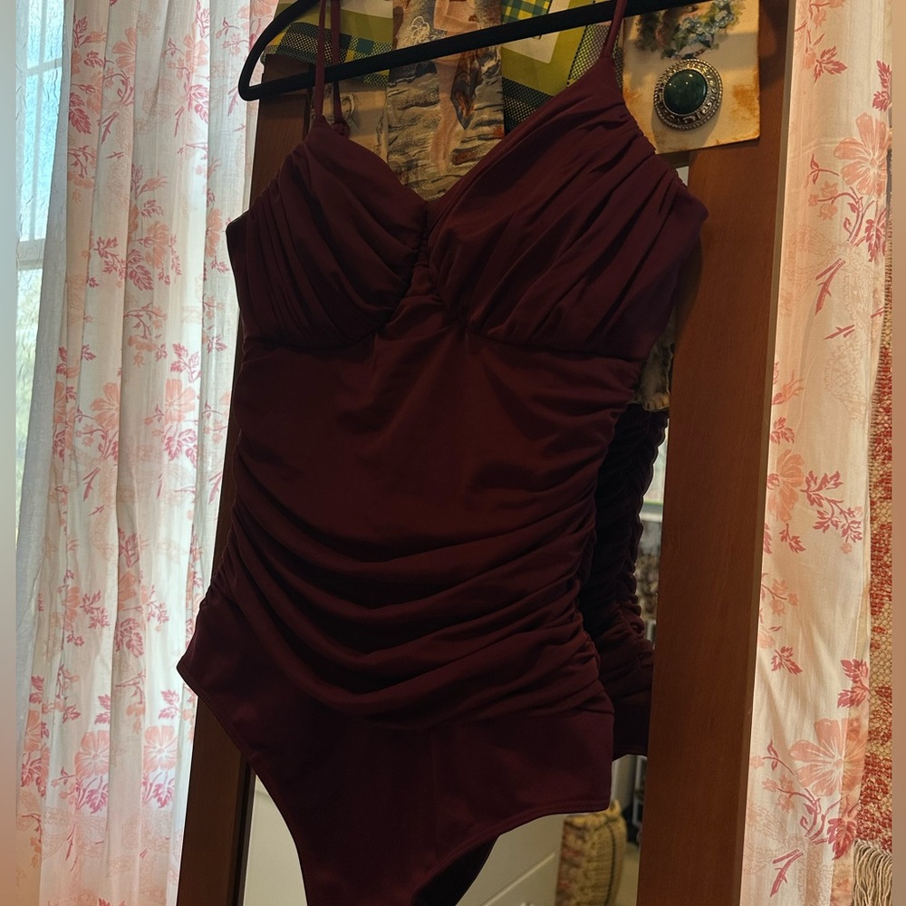 Express Burgundy Ruched Cami Bodysuit Top